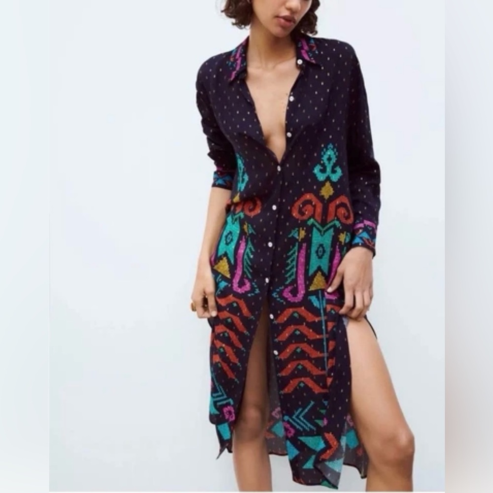 ZARA NAVY BLUE Printed Long shirt dress size XS